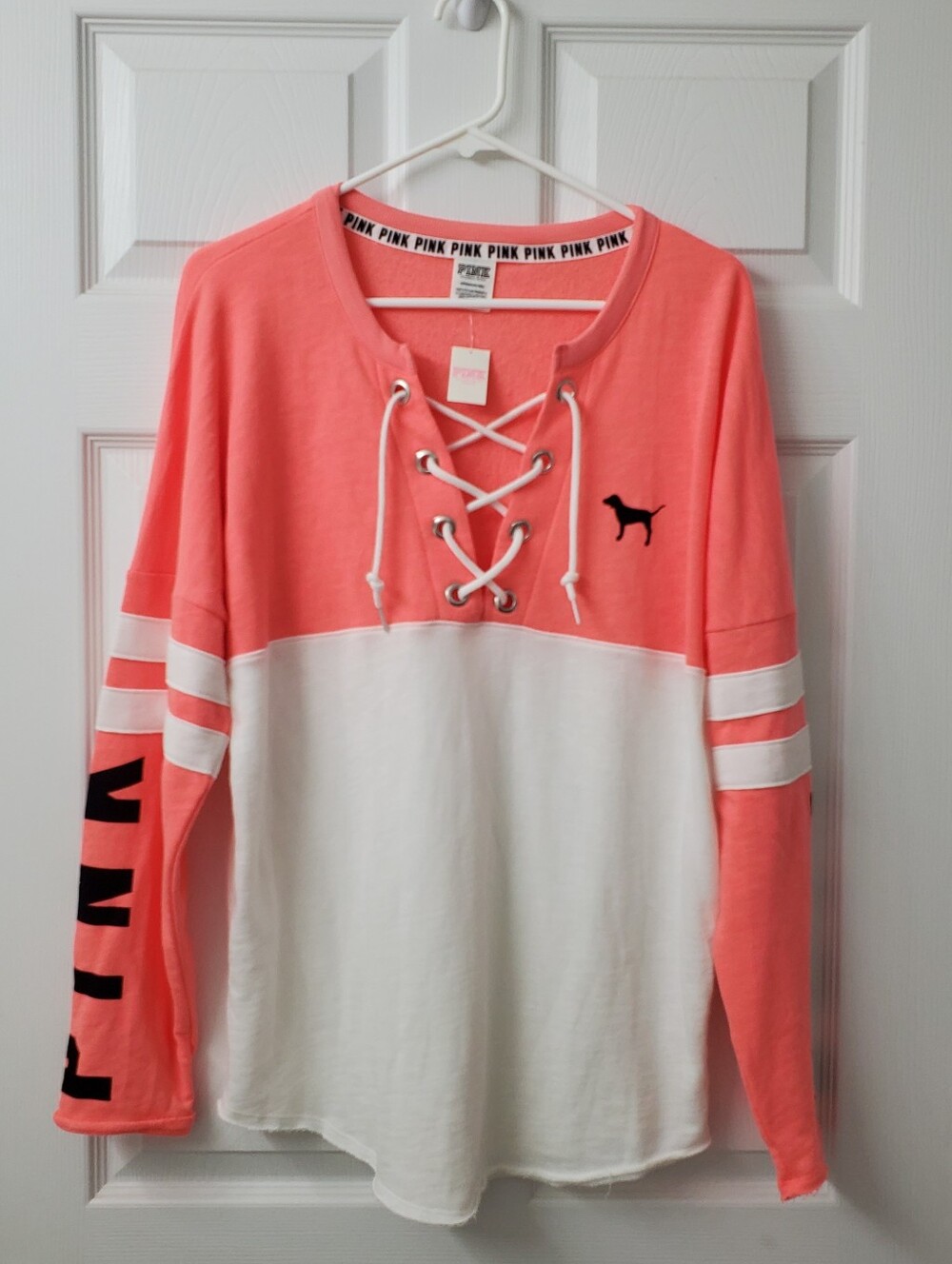 PINK Victoria's Secret Lace-Up Colorblock Pullover Top Coral and White Sz S